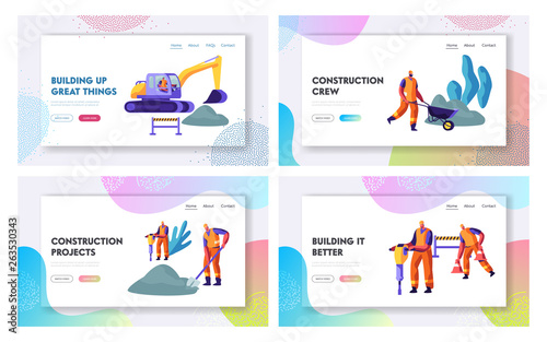 Road Repair with Excavator, Rolling Heavy Vehicle and Working People Website Landing Page Templates Set, Asphalt Machinery Maintenance Construction. Web Page Cartoon Flat Vector Illustration, Banner