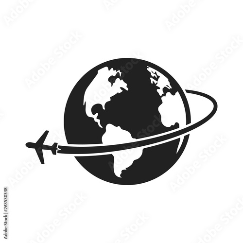 Plane flying around the earth icon design. Vector. Isolated.