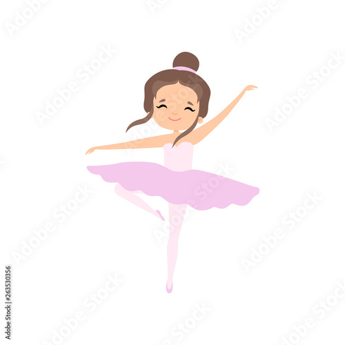 Cute Brunette Little Ballerina Dancing, Girl Ballet Dancer Character in Pink Tutu Dress Vector Illustration