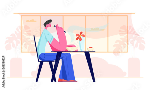 Young Man Sitting at Table in Restaurant or Cafe Having Meal. Hungry Male Character Eating Food. Hospitality Service, Gastronomy, Business Lunch Time, Relaxing Person. Cartoon Flat Vector Illustration