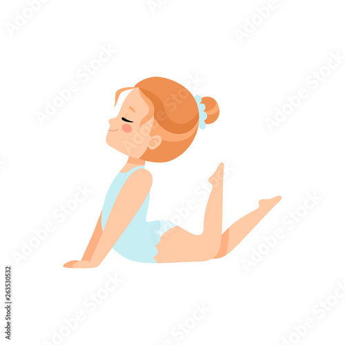 Cute Little Ballerina Doing Exercise, Girl Gymnast Character Training in Light Blue Leotard Vector Illustration