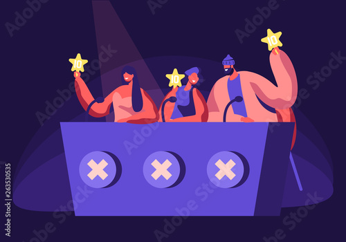 Celebrities Judging Participants during Entertainment on Talent Show or Artists Stage Audition. Judges Voting with Golden Star in Hands. Popular Show of Gifted Artists Cartoon Flat Vector Illustration