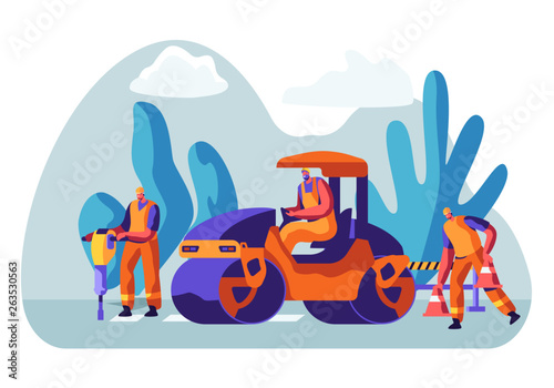 Roadwork and Asphalt Paving. Men in Overall Characters with Heavy Asphalting Machinery. Special Transport, Pavement Compactor. Construction Industry, Building Business Cartoon Flat Vector Illustration