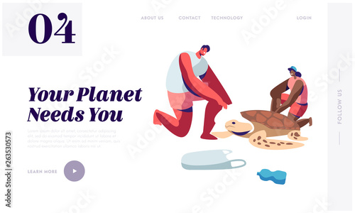 Volunteers Saving Turtle on Polluted Seaside. Ecology and Animals Protection Movement, Stop Plastic Littering, Waste Recycling Website Landing Page, Web Page Cartoon Flat Vector Illustration, Banner
