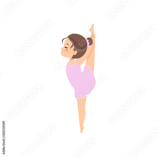 Cute Flexible Little Ballerina Doing Exercise, Girl Ballet Dancer Character Training Vector Illustration