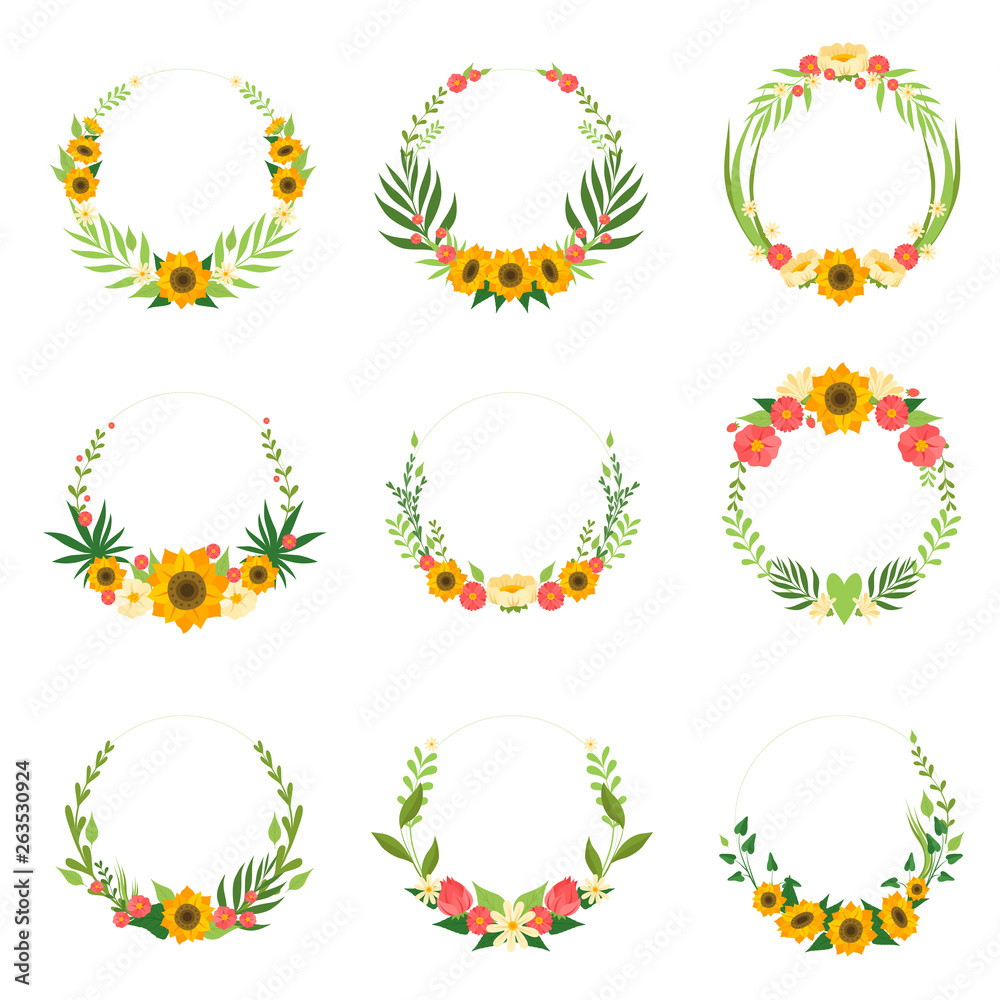 Floral Wreath with Sunflowers and Leaves Set, Circle Frames Borders with Place for Text, Design Element For Greeting Card, Invitation, Banner Vector Illustration