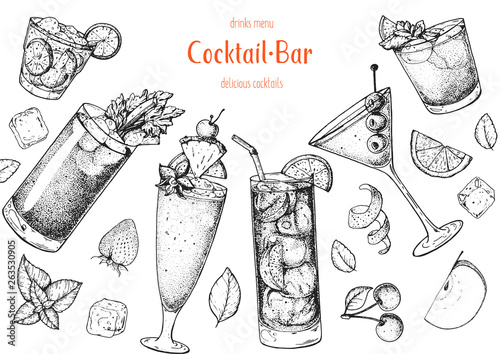 Alcoholic cocktails hand drawn vector illustration. Cocktails sketch set. Engraved style. Caipiroska, bloody mary, singapore sling, long island iced tea, martini, man tai.