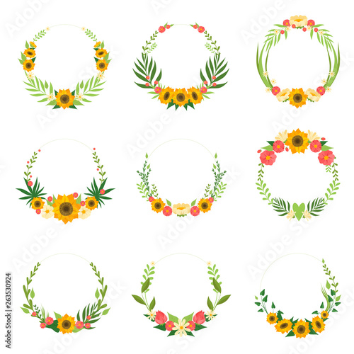 Floral Wreath with Sunflowers and Leaves Set  Circle Frames Borders with Place for Text  Design Element For Greeting Card  Invitation  Banner Vector Illustration