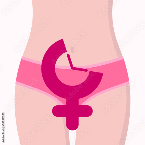 Female body fragment in bikini with gender symbol, clock. Concept of menstruation period, pregnancy or menopause. Vector illustration in flat style