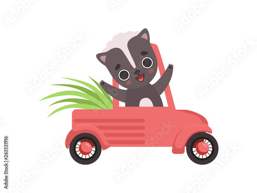 Cute Little Skunk Driving a Car  Adorable Baby Animal Cartoon Character Vector Illustration