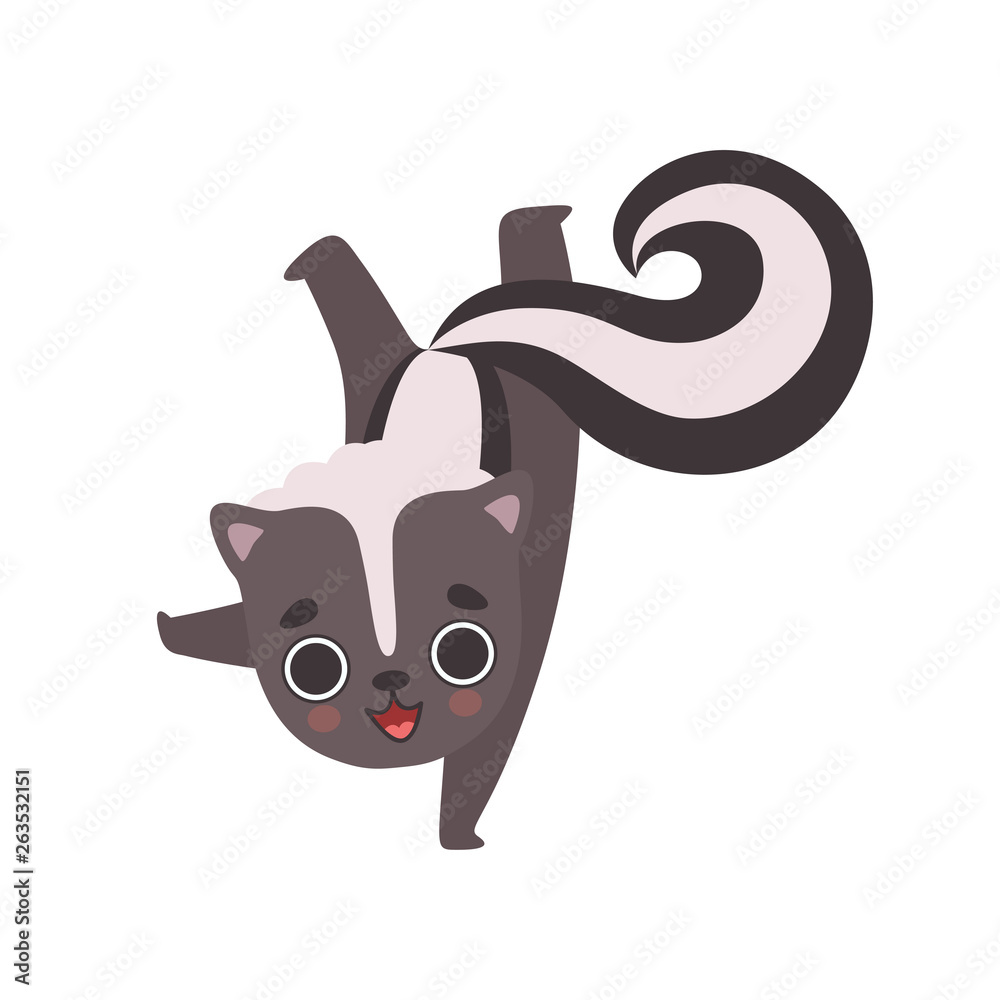 Cute Little Skunk Standing on One Leg Upside Down, Adorable Baby Animal Cartoon Character Vector Illustration Cute Little Skunk Standing on One Leg Upside Down, Adorable Baby Animal Cartoon Character Vector Illustration