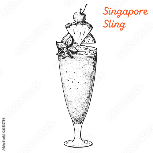 Singapore sling cocktail illustration. Alcoholic cocktails hand drawn vector illustration. Sketch style.