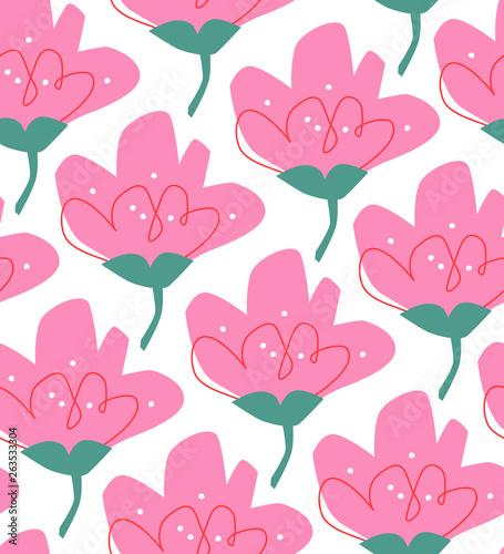 Floral seamless pattern with hand drawn ornament in scandinavian style. Abstract background with flower, vector illustration for print, design, fabric.