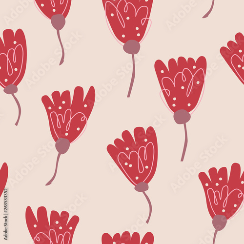 Floral seamless pattern with hand drawn ornament in scandinavian style. Abstract background with pink flower, vector illustration for print, design, fabric.