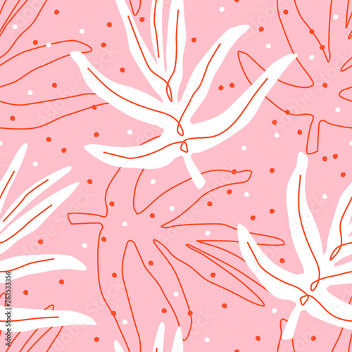 Floral seamless pattern with hand drawn ornament. Abstract background with silhouette and circuit of leaf, vector illustration for print, design, fabric.
