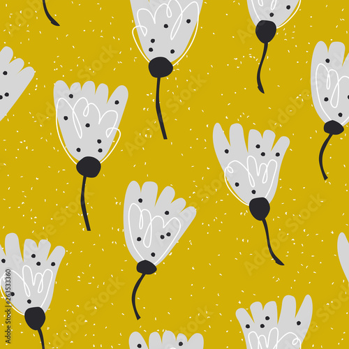 Floral seamless pattern with hand drawn ornament in scandinavian style. Abstract background with flower, vector illustration for print, design, fabric.