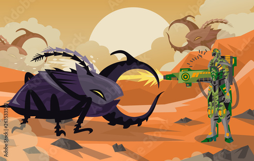 space army on mars shooting giant alien beetles