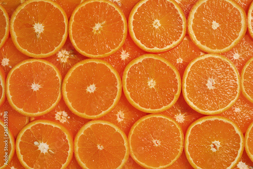 Slices of oranges as a background, top view.