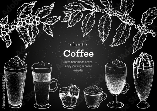 Coffee cups, beans and coffee tree illustration. Vintage design for coffee shop. Engraved vector illustration.