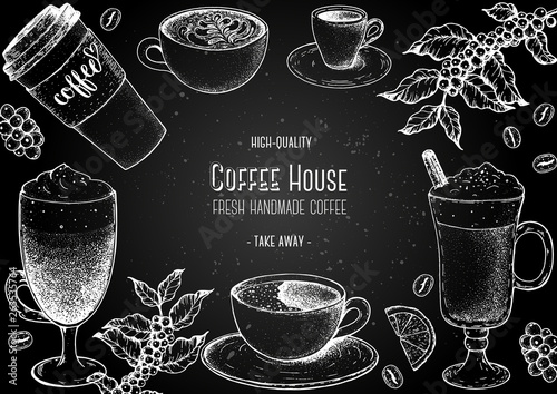 Coffee cups, beans and coffee tree illustration. Vintage design for coffee shop. Engraved vector illustration.
