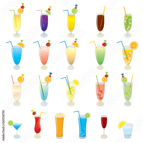 Vector set of realistic, colorful cocktails, fruit juices, alcohol drinks and Mojito cocktails, isolated on white background. Illustration for design. 