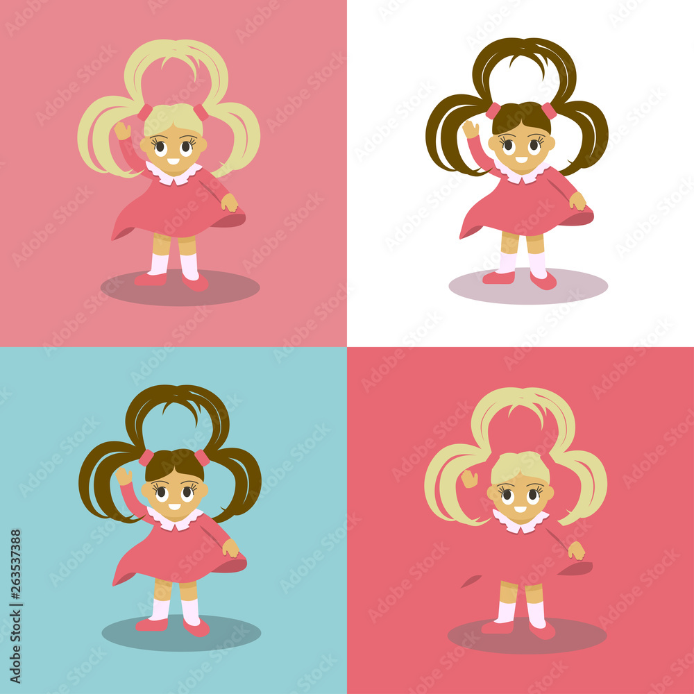 Set of cute little girls with a smile and beautiful hair waving a hand Set of cute little girls with a smile and beautiful hair waving a hand