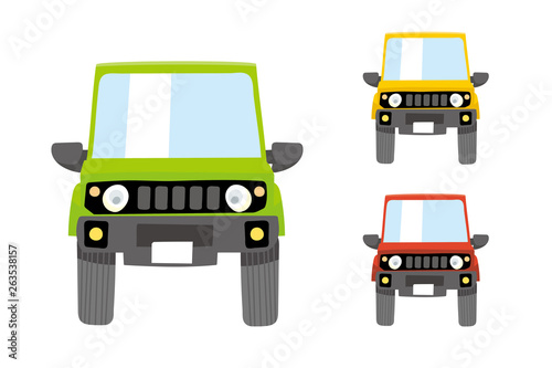 Deformed cute car illustration set, comical | off-road car, four-wheel drive | front view