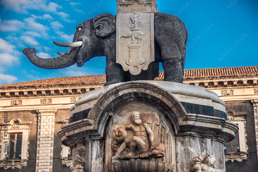 Catania Lava stone elephant statue in cathedral square, historical symbol Catania