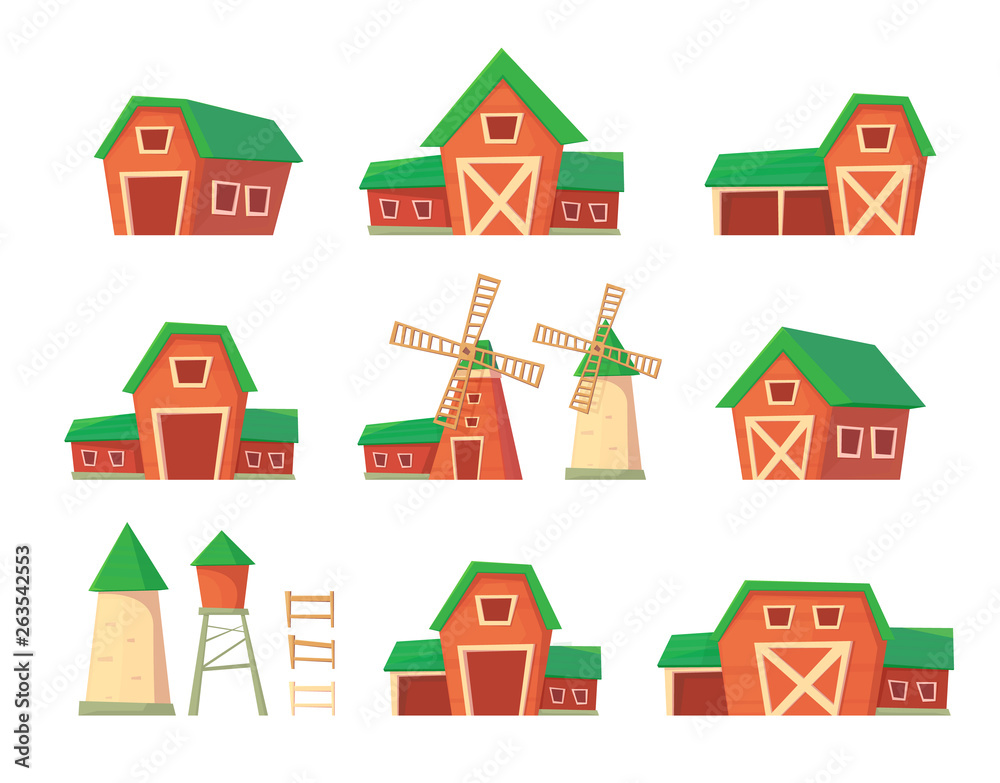 Agriculture. Farm building. Drinking water tower. Windmill waterpump and silo srorage barn for corn and harvest.