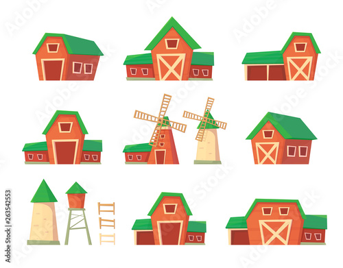 Agriculture. Farm building. Drinking water tower. Windmill waterpump and silo srorage barn for corn and harvest. photo