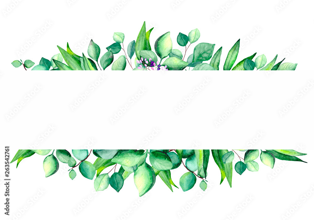 Watercolor frame with green eucalyptus leaves on white background with ...
