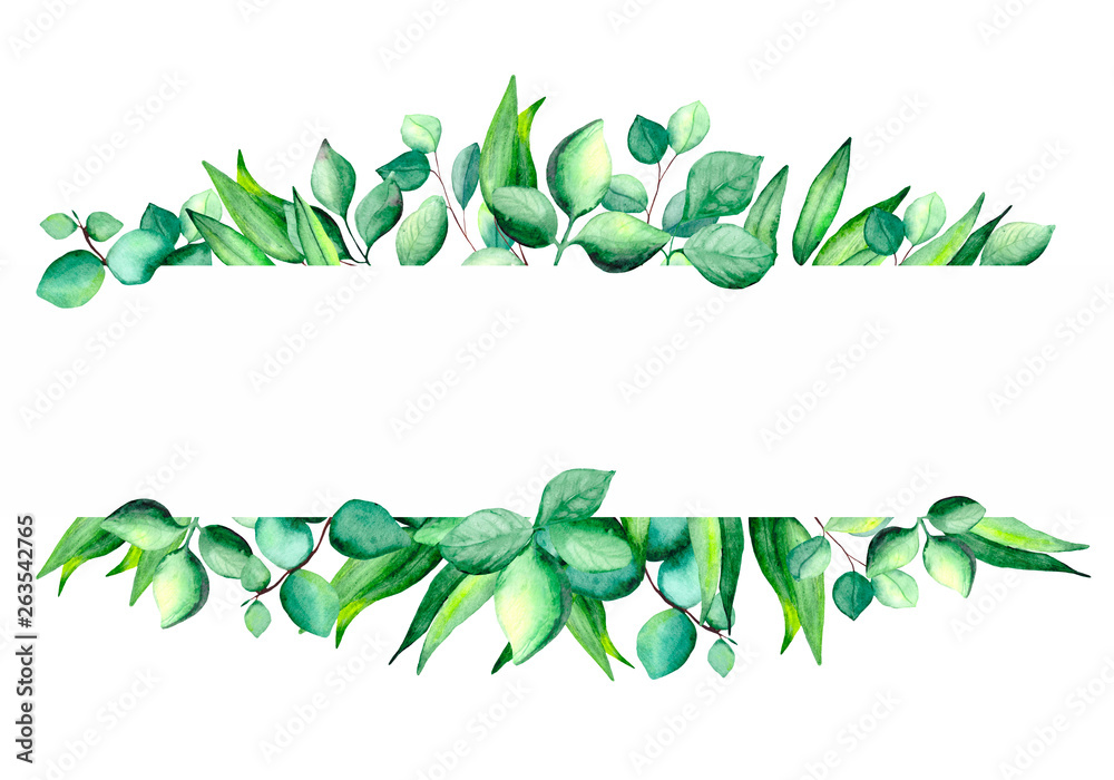 Watercolor frame with green eucalyptus leaves on white background with space for text. Illustration for postcards, invitations or thank-you letters. Watercolor frame with green eucalyptus leaves on white background with space for text. Illustration for postcards, invitations or thank-you letters.