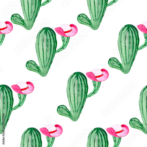 Fototapeta Naklejka Na Ścianę i Meble -  Watercolor seamless background with green cacti and pink Texas hats. Illustration on the theme of the desert for packaging, textiles or Wallpaper.