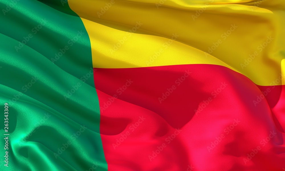 Realistic silk material Benin waving flag, high quality detailed fabric texture. 3d illustration