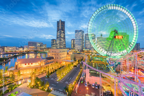 Yokohama, Japan skyline at dusk towards the Minato Mirai district