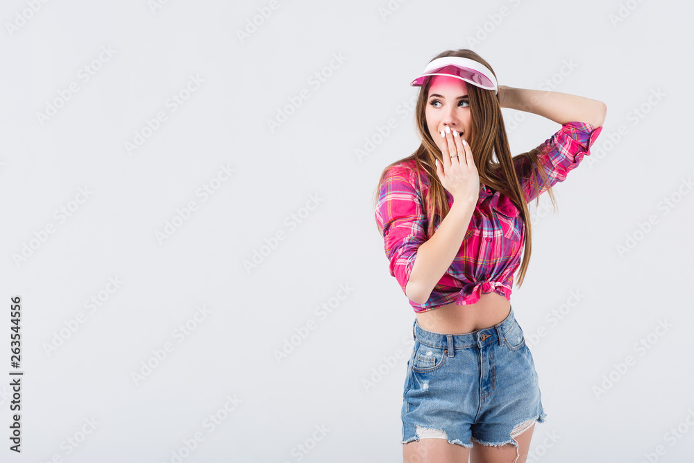 Attracrive young girl , wearing like a tourist staying isolated on white background! Attracrive young girl , wearing like a tourist staying isolated on white background!