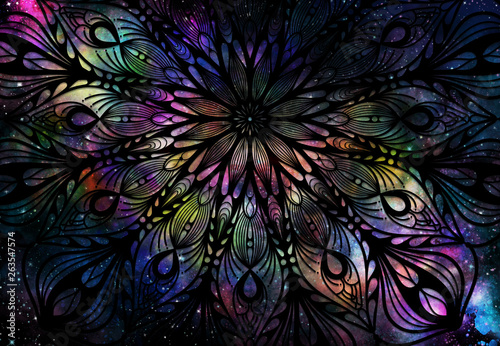 Abstract ancient geometric with star field and colorful galaxy background, watercolor digital art painting and mandala graphic design