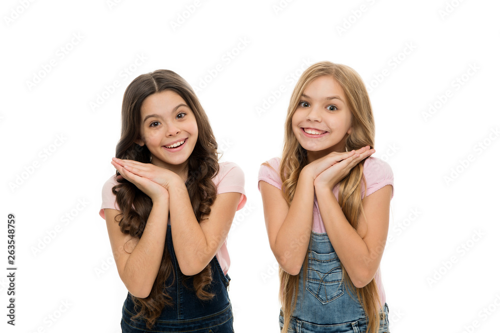 A positive and hopeful future for the children. Adorable little girls happy smiling isolated on white. Going together towards a brighter future. Todays children are tomorrows future. Future concept