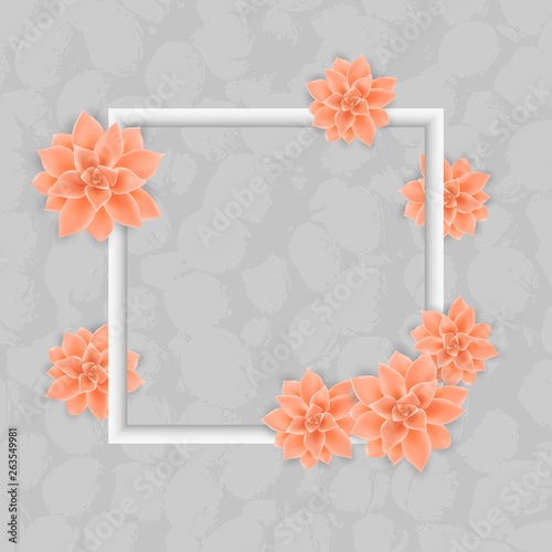 Web banner with flowers in coral color. Vector realistic illustration. Graptopetalum flower. Can be used in the magazine, online, store leaflets.