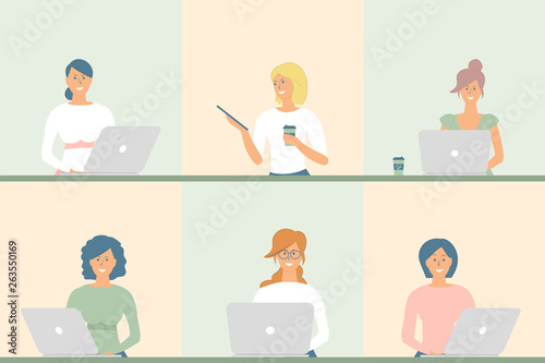 Business women flat avatars set with smiling face. Work team icons collection. Colleagues girls with notebooks,tablet and cups of coffee in soft colours.Vector illustration