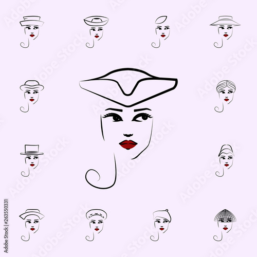 Tricorn hat, girl icon. Hat, girl icons universal set for web and mobile