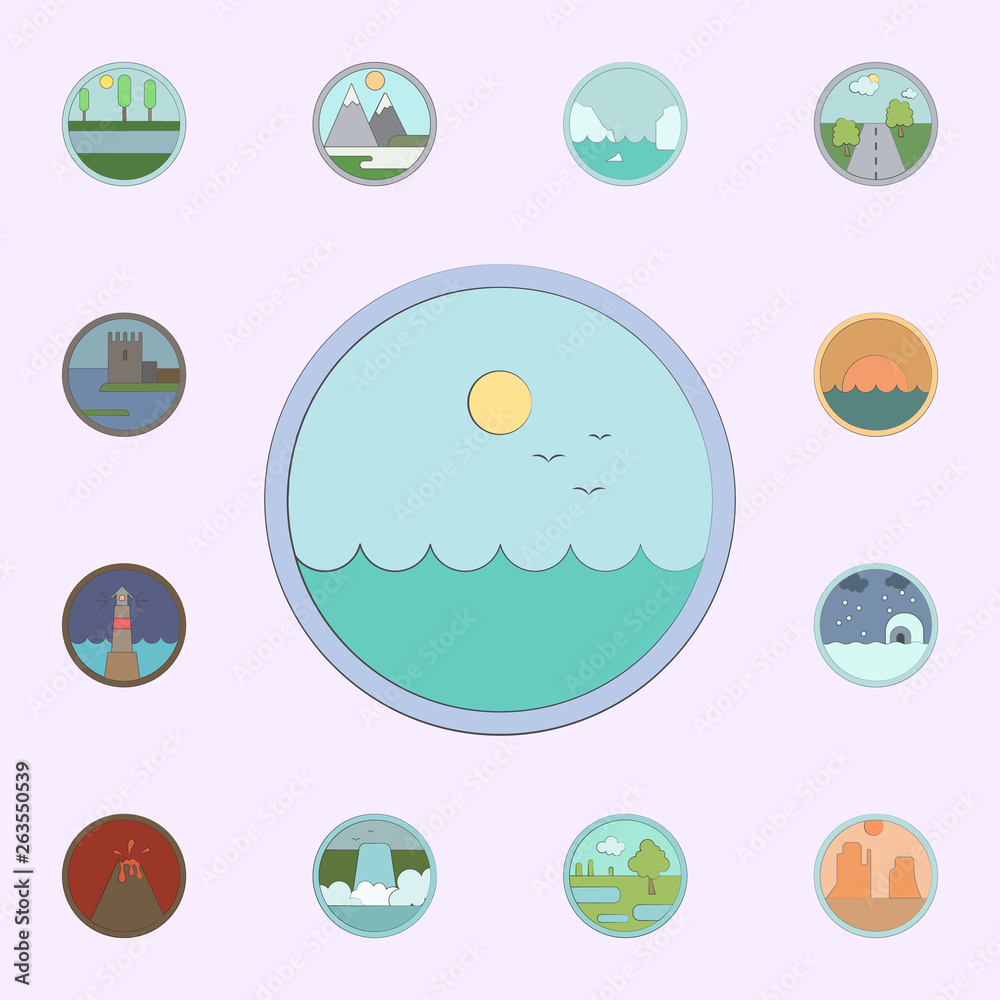 Sea and sun colored in circle icon. landscapes icons universal set for web and mobile Sea and sun colored in circle icon. landscapes icons universal set for web and mobile