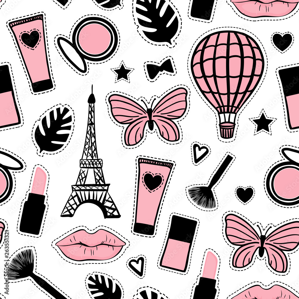 Abstract cosmetic hand drawing. Seamless pattern fashion style. Paris Eiffel Tower sign. Vector illustration girly stickers isolated on white