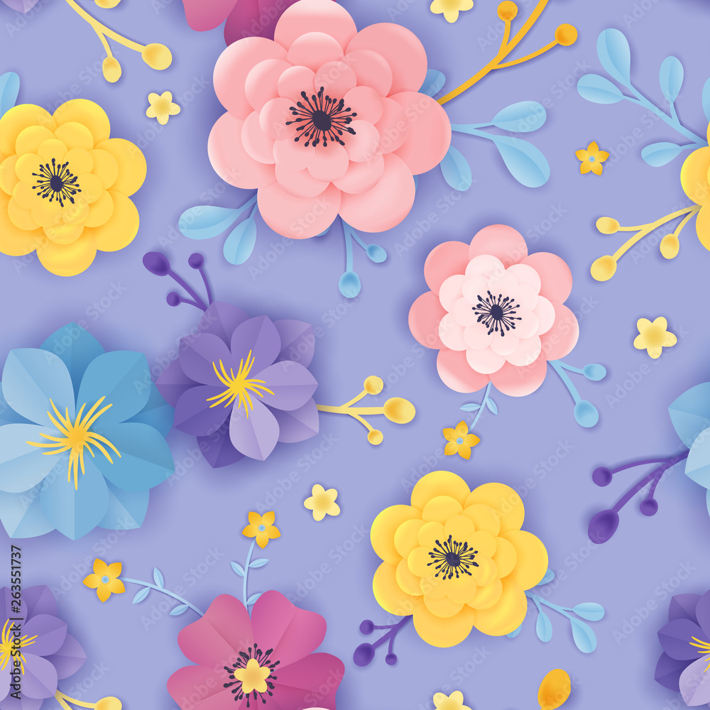Paper Cut Floral Seamless Pattern. Spring Origami Flowers Background Botanical Design for Fabric, Texture, Print, Wallpaper. Vector illustration