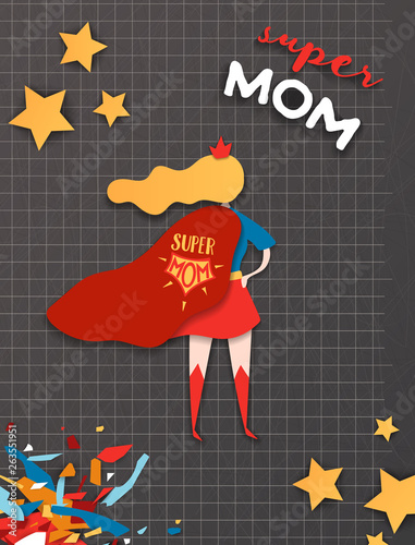 Mothers Day Greeting Card in Comics Paper Cut Style. Super Mom Character in Red Cape Paper Cut Design for Mother Day Banner, Poster, Background. Vector illustration