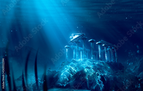 lost civilization of atlantis sunken deep in the ocean / 3D rendering photo
