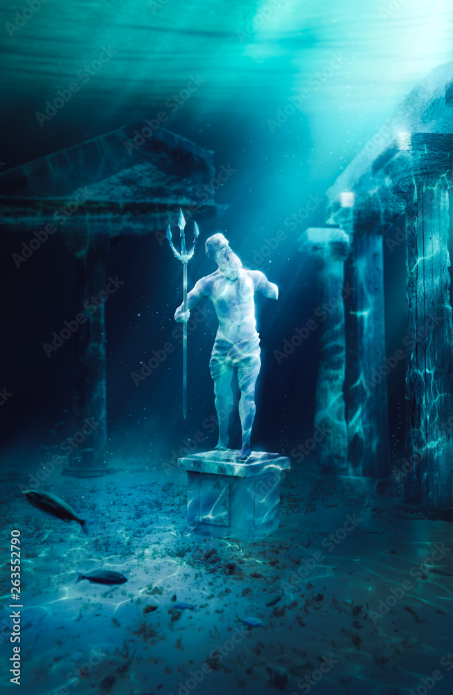 lost civilization of atlantis sunken deep in the ocean / 3D rendering ...
