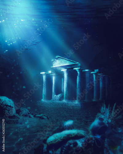 lost civilization of atlantis sunken deep in the ocean / 3D rendering