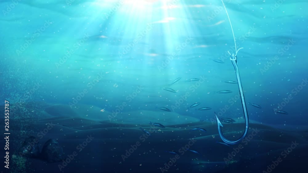 Underwater Fish Hook 4K Loop features an underwater scene with a fish hook tied to a line floating in the currents