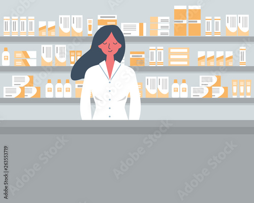 Web banner of a pharmacist. Young woman in the workplace in a pharmacy: standing in front of shelves with medicines. Flat and funky style. Vector illustration